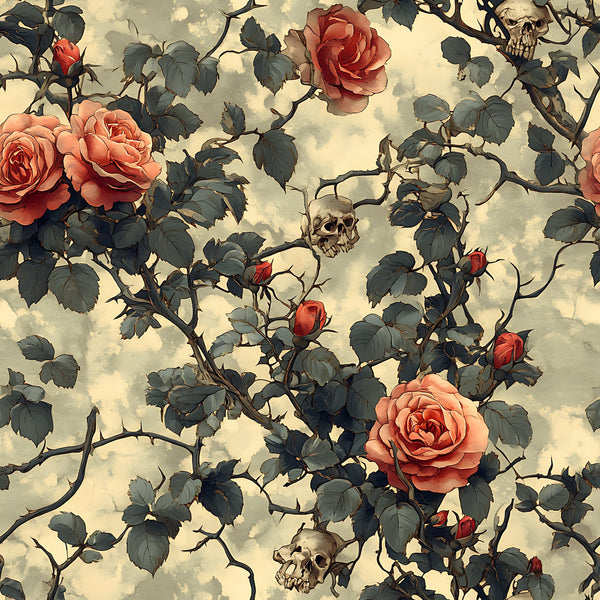 coral roses, skulls, thorny vines, gothic floral, peach roses, dark green leaves, cream background, morbid botanical, rose buds, bramble thorns,, fabric panel, gothic romance, skulls and roses, vintage style, moody floral, spooky garden, death and beauty, coral pink, dusty rose
