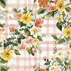 floral, gingham check, pastel colors, dusty rose, blush pink, soft yellow, coral orange, cream white, sage green, vintage floral, spring flowers, garden flowers, farmhouse style, cottage core, botanical, nature inspired, whimsical, traditional, daisy, zinnia, delicate florals, romantic, soft aesthetic, spring season, cheerful, country style, picnic pattern, gingham floral, sweet florals
