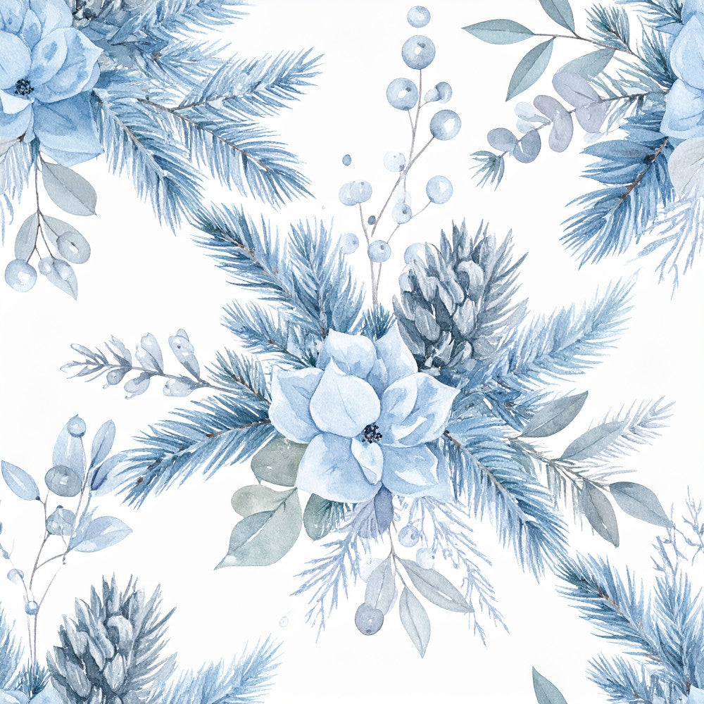 ice blue, dusty blue, slate blue, soft blue, white, pale blue, floral, botanical, winter florals, evergreen, pinecones, berries, leaves, feathery, elegant, sophisticated, winter, christmas, nature, natural, delicate, romantic, vintage, botanical illustration, conifer branches, winter botanical, holiday, frosty, frost, silver