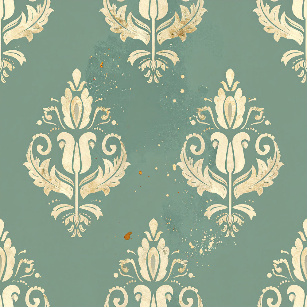 sage green, cream, damask, floral, vintage, elegant, traditional, botanical, ornamental, scrolls, flourishes, distressed, gold accents, luxury, classic, romantic, victorian, formal, decorative, tulips, acanthus leaves, medallion pattern, timeless, sophisticated, home decor, upholstery, antique inspired, ornate design