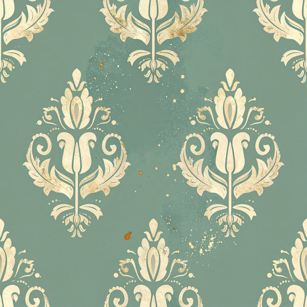 sage green, cream, damask, floral, vintage, elegant, traditional, botanical, ornamental, scrolls, flourishes, distressed, gold accents, luxury, classic, romantic, victorian, formal, decorative, tulips, acanthus leaves, medallion pattern, timeless, sophisticated, home decor, upholstery, antique inspired, ornate design