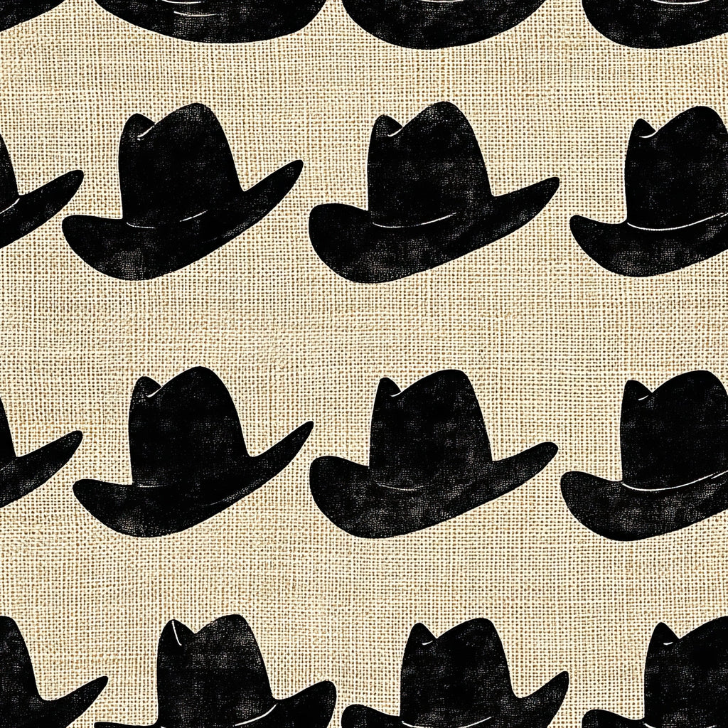 black cowboy hats, cream background, burlap texture, western theme, repeating pattern, silhouette design, ranch style, country motif,, fabric panel, rustic appearance, stamped effect, geometric arrangement, americana style, outdoor lifestyle, textured weave, monochromatic scheme, distressed finish, cowboy accessories, western wear