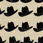 black cowboy hats, cream background, burlap texture, western theme, repeating pattern, silhouette design, ranch style, country motif,, fabric panel, rustic appearance, stamped effect, geometric arrangement, americana style, outdoor lifestyle, textured weave, monochromatic scheme, distressed finish, cowboy accessories, western wear