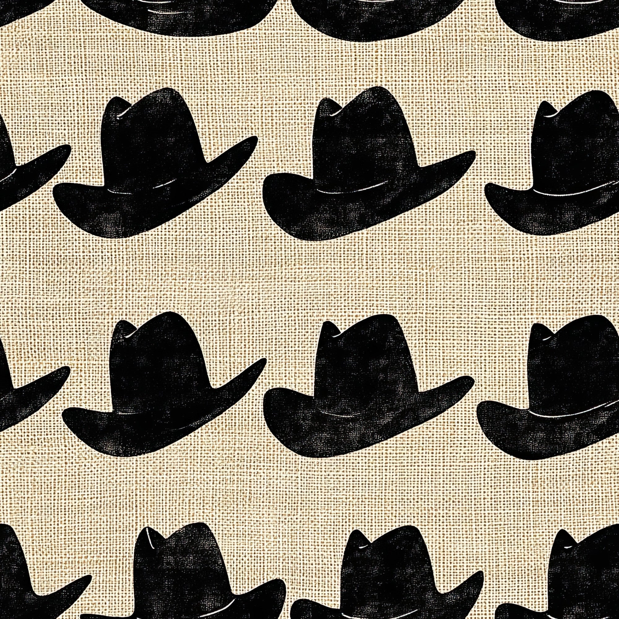 black cowboy hats, cream background, burlap texture, western theme, repeating pattern, silhouette design, ranch style, country motif,, fabric panel, rustic appearance, stamped effect, geometric arrangement, americana style, outdoor lifestyle, textured weave, monochromatic scheme, distressed finish, cowboy accessories, western wear