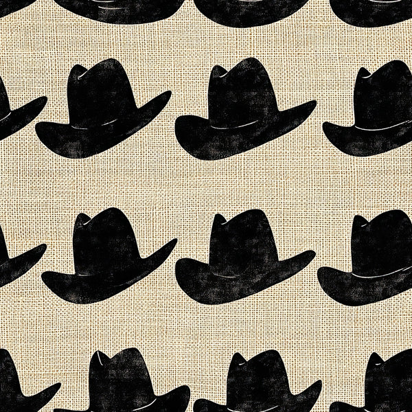 black cowboy hats, cream background, burlap texture, western theme, repeating pattern, silhouette design, ranch style, country motif,, fabric panel, rustic appearance, stamped effect, geometric arrangement, americana style, outdoor lifestyle, textured weave, monochromatic scheme, distressed finish, cowboy accessories, western wear