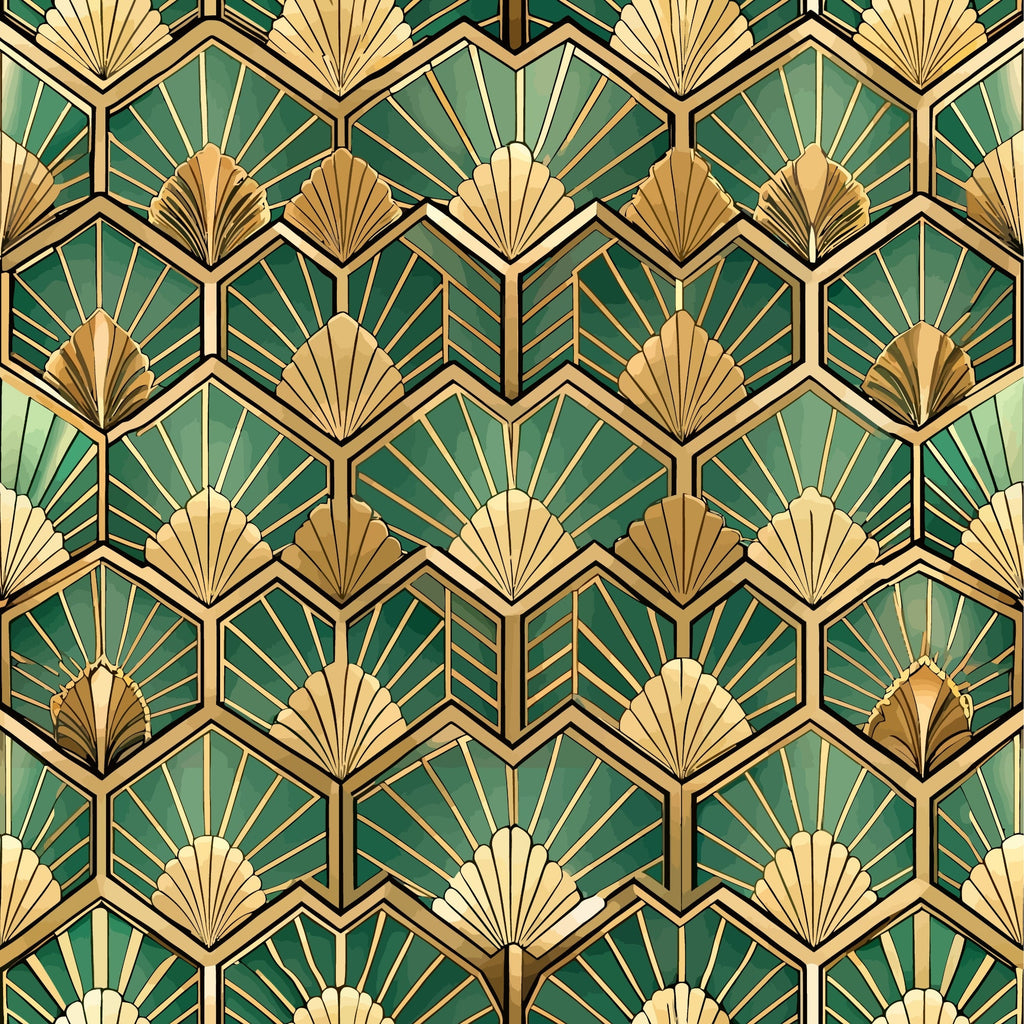 art deco, geometric pattern, fan motifs, hexagonal shapes, emerald green, gold, cream, beige, repetitive design, sunburst pattern, radiating lines, vintage style,, fabric panel, luxurious, ornate design, 1920s inspired, symmetrical pattern, decorative motifs
