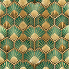 art deco, geometric pattern, fan motifs, hexagonal shapes, emerald green, gold, cream, beige, repetitive design, sunburst pattern, radiating lines, vintage style,, fabric panel, luxurious, ornate design, 1920s inspired, symmetrical pattern, decorative motifs