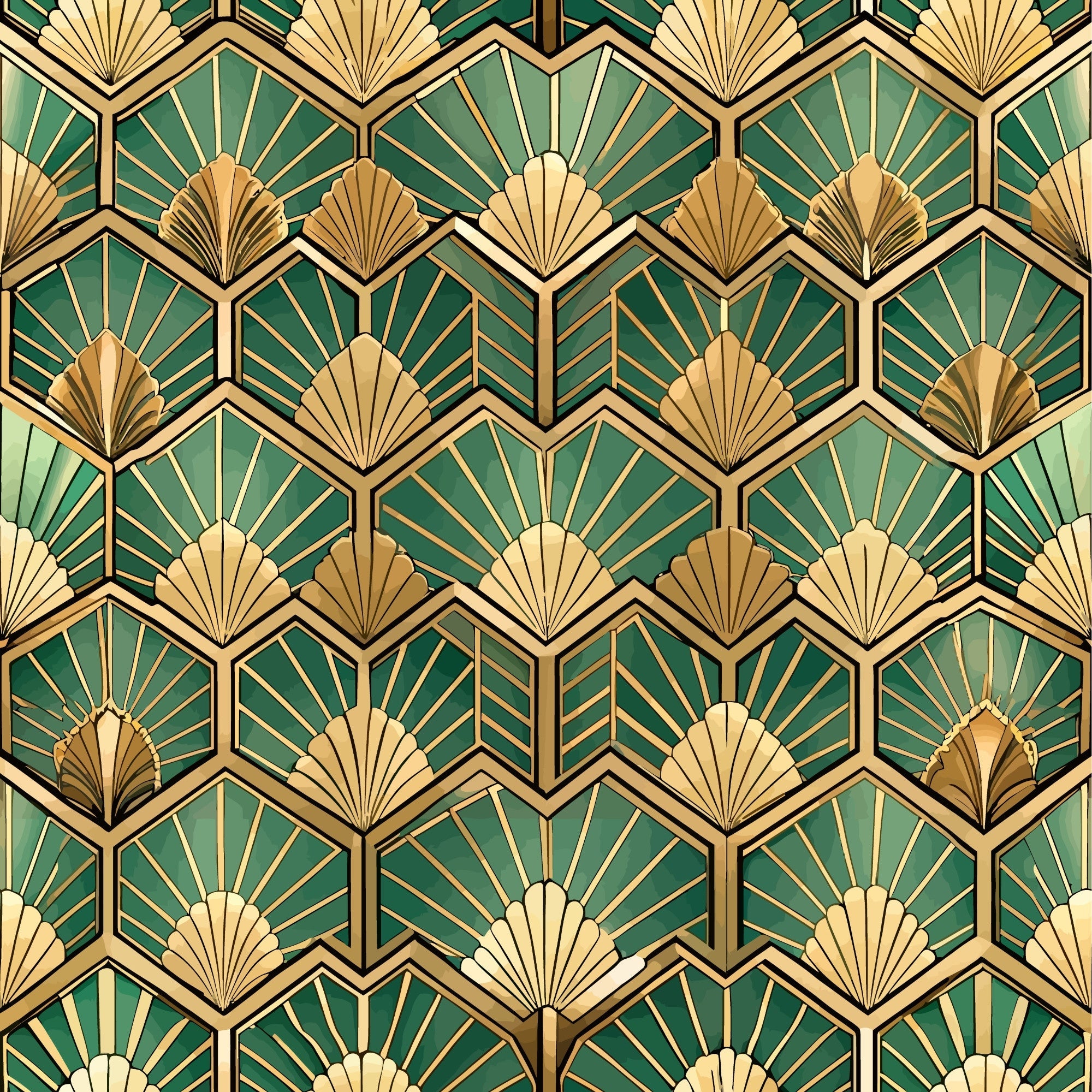 art deco, geometric pattern, fan motifs, hexagonal shapes, emerald green, gold, cream, beige, repetitive design, sunburst pattern, radiating lines, vintage style,, fabric panel, luxurious, ornate design, 1920s inspired, symmetrical pattern, decorative motifs