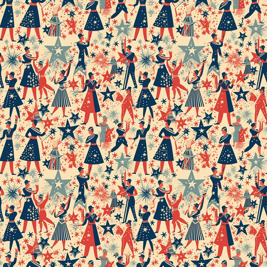 red, navy blue, cream, beige, patriotic pattern, marching band, musical performers, stars, fireworks, repeating pattern, vintage style, americana theme,, fabric panel, celebration, parade scene, retro illustration, fourth of july, festive design, geometric stars