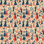 red, navy blue, cream, beige, patriotic pattern, marching band, musical performers, stars, fireworks, repeating pattern, vintage style, americana theme,, fabric panel, celebration, parade scene, retro illustration, fourth of july, festive design, geometric stars