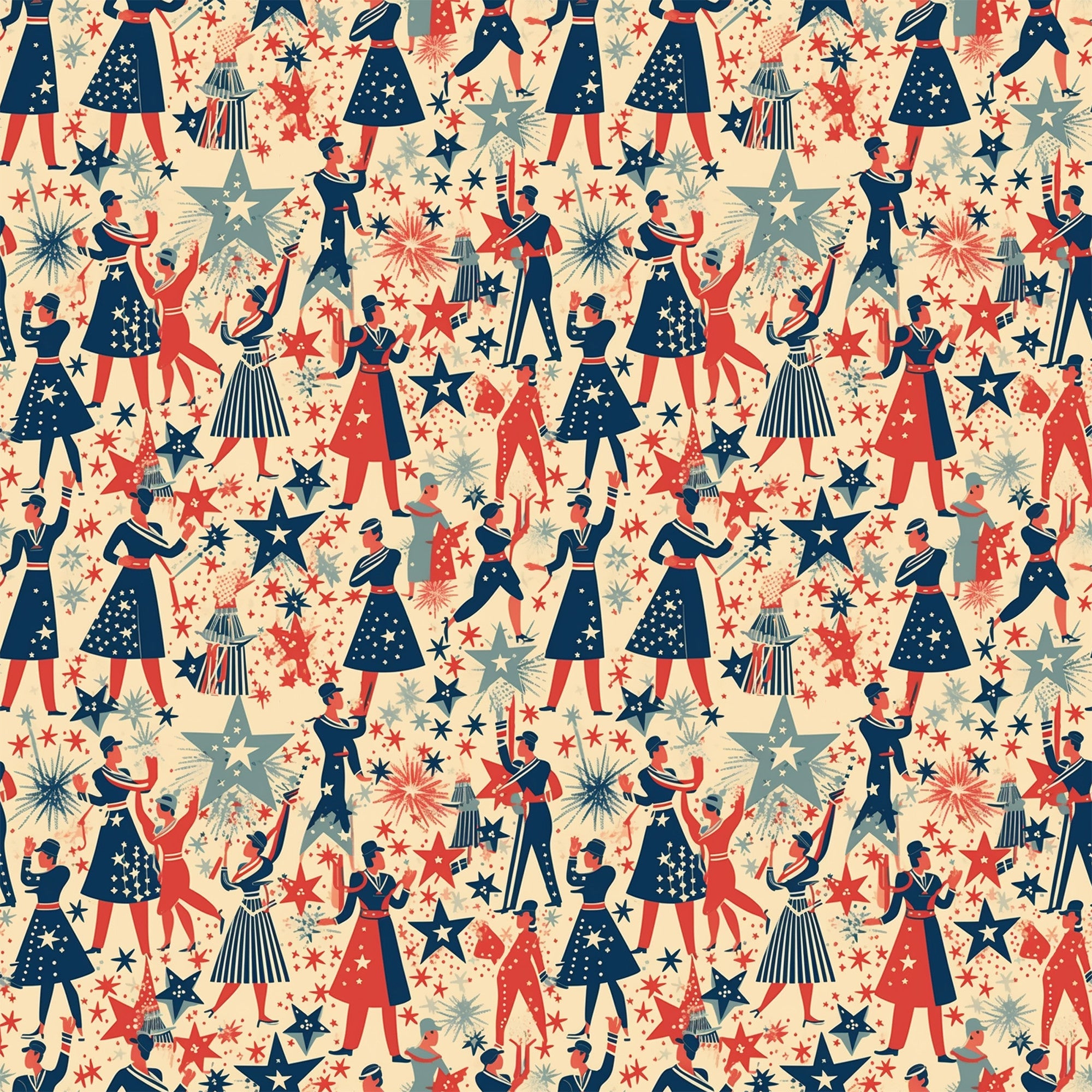 red, navy blue, cream, beige, patriotic pattern, marching band, musical performers, stars, fireworks, repeating pattern, vintage style, americana theme,, fabric panel, celebration, parade scene, retro illustration, fourth of july, festive design, geometric stars