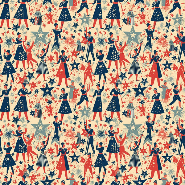 red, navy blue, cream, beige, patriotic pattern, marching band, musical performers, stars, fireworks, repeating pattern, vintage style, americana theme,, fabric panel, celebration, parade scene, retro illustration, fourth of july, festive design, geometric stars
