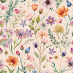 wildflowers, botanical pattern, watercolor style, pastel colors, pink flowers, purple blooms, orange blossoms, green foliage, white background, delicate stems, meadow flowers,, fabric panel, floral design, soft pastels, nature motif, spring flowers, whimsical botanicals, scattered blooms, feminine florals
