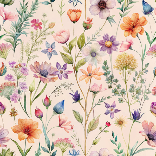 wildflowers, botanical pattern, watercolor style, pastel colors, pink flowers, purple blooms, orange blossoms, green foliage, white background, delicate stems, meadow flowers,, fabric panel, floral design, soft pastels, nature motif, spring flowers, whimsical botanicals, scattered blooms, feminine florals