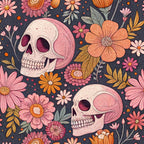 retro halloween, skulls, floral pattern, pink flowers, orange blooms, coral petals, sage green leaves, charcoal background, vintage style, day of the dead, sugar skull aesthetic, botanical elements,, fabric panel, autumn colors, spooky cute, decorative skulls, mixed florals, halloween decor, cotton fabric
