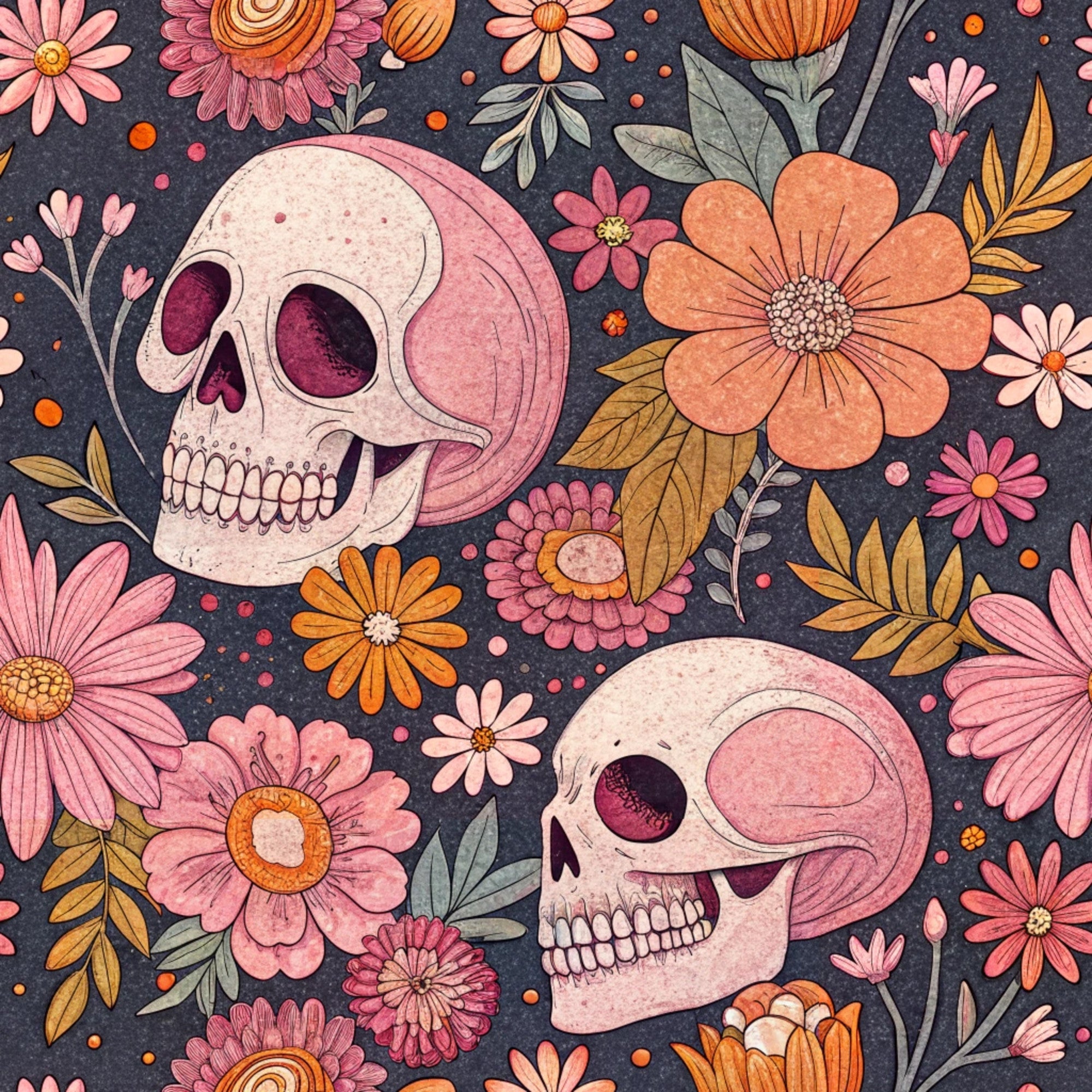 retro halloween, skulls, floral pattern, pink flowers, orange blooms, coral petals, sage green leaves, charcoal background, vintage style, day of the dead, sugar skull aesthetic, botanical elements,, fabric panel, autumn colors, spooky cute, decorative skulls, mixed florals, halloween decor, cotton fabric