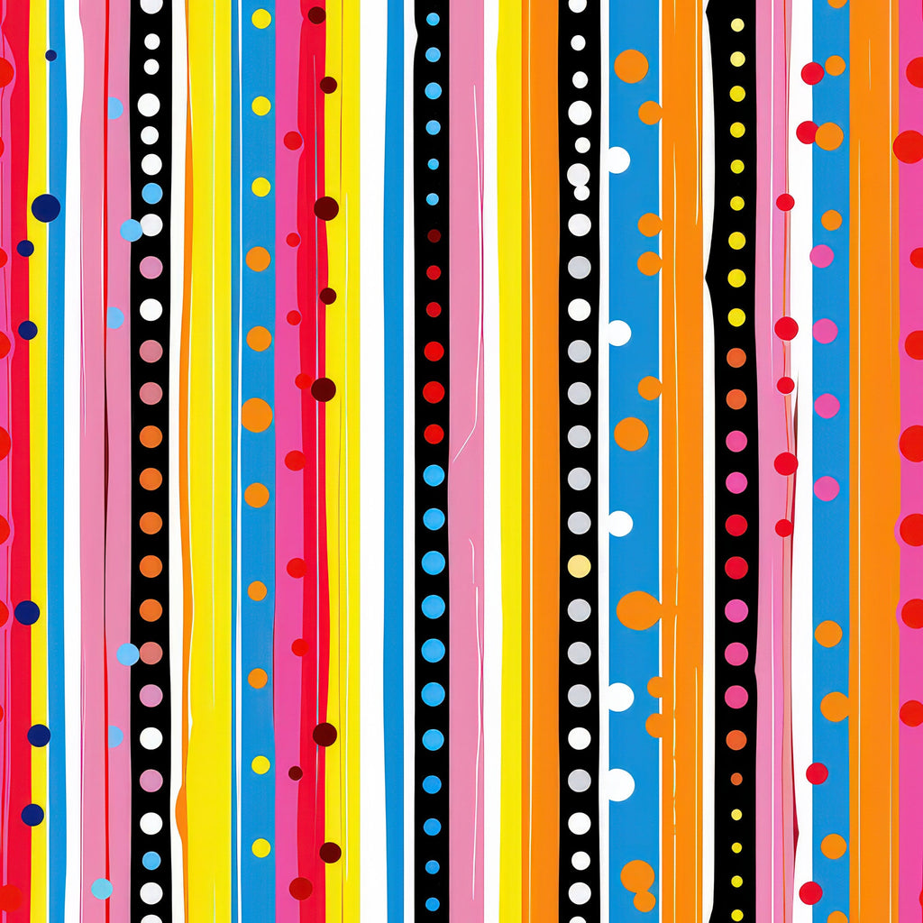 bright stripes, polka dots, vertical lines, red stripes, blue stripes, yellow stripes, orange stripes, pink stripes, black stripes, white dots, colorful circles, geometric pattern, vibrant colors, playful design,, fabric panel, rainbow colors, modern pattern, cheerful mood, contemporary style