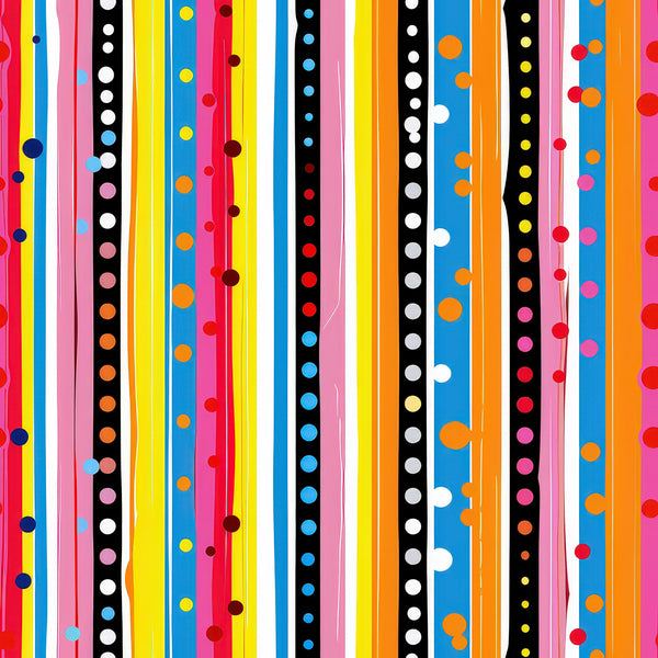bright stripes, polka dots, vertical lines, red stripes, blue stripes, yellow stripes, orange stripes, pink stripes, black stripes, white dots, colorful circles, geometric pattern, vibrant colors, playful design,, fabric panel, rainbow colors, modern pattern, cheerful mood, contemporary style