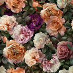peach roses, purple flowers, coral blooms, cream petals, mauve roses, green leaves, realistic floral, botanical pattern, layered petals, garden flowers,, fabric panel, vintage style, romantic florals, soft pastels, rose garden, floral arrangement, nature inspired, blooming roses, cottage garden