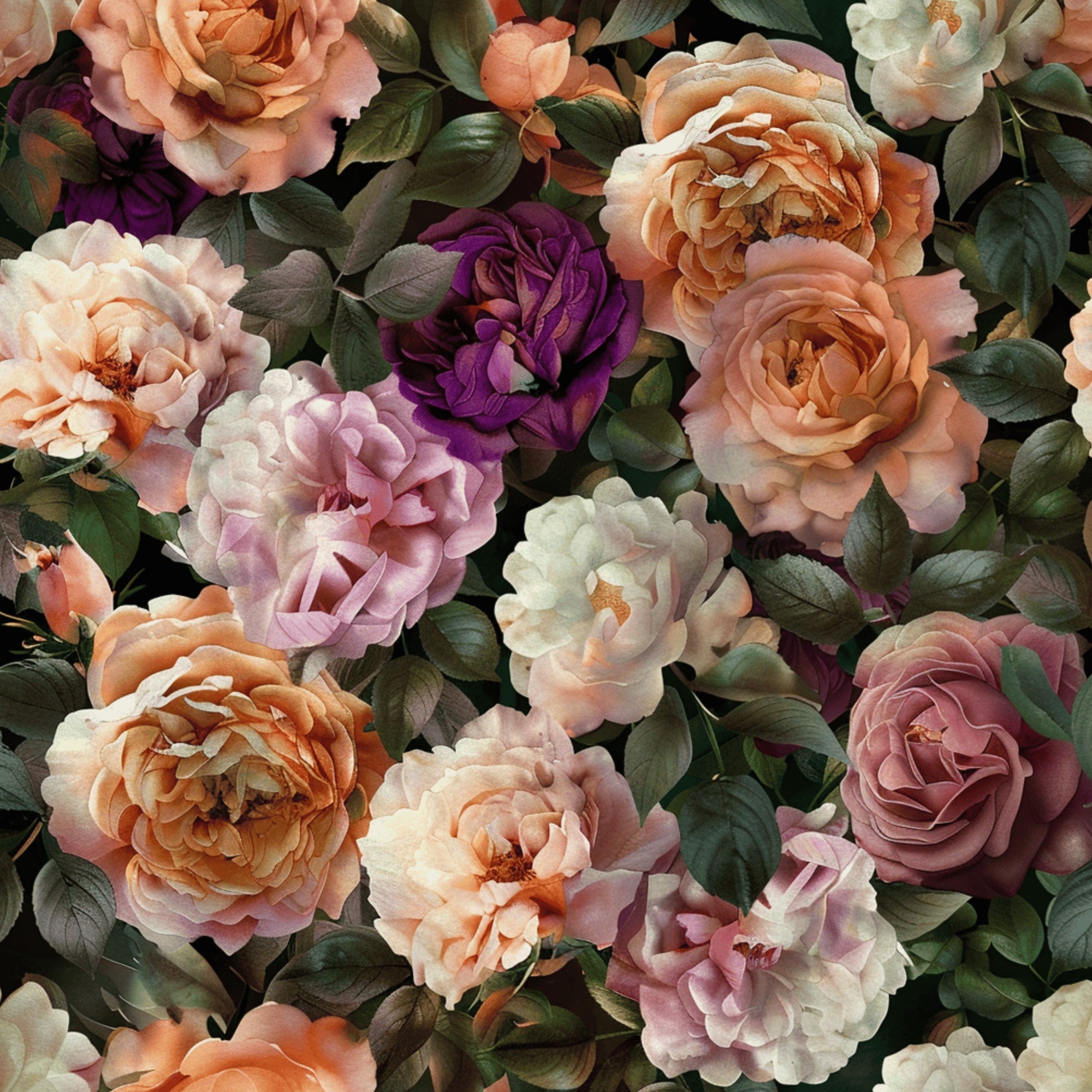 peach roses, purple flowers, coral blooms, cream petals, mauve roses, green leaves, realistic floral, botanical pattern, layered petals, garden flowers,, fabric panel, vintage style, romantic florals, soft pastels, rose garden, floral arrangement, nature inspired, blooming roses, cottage garden