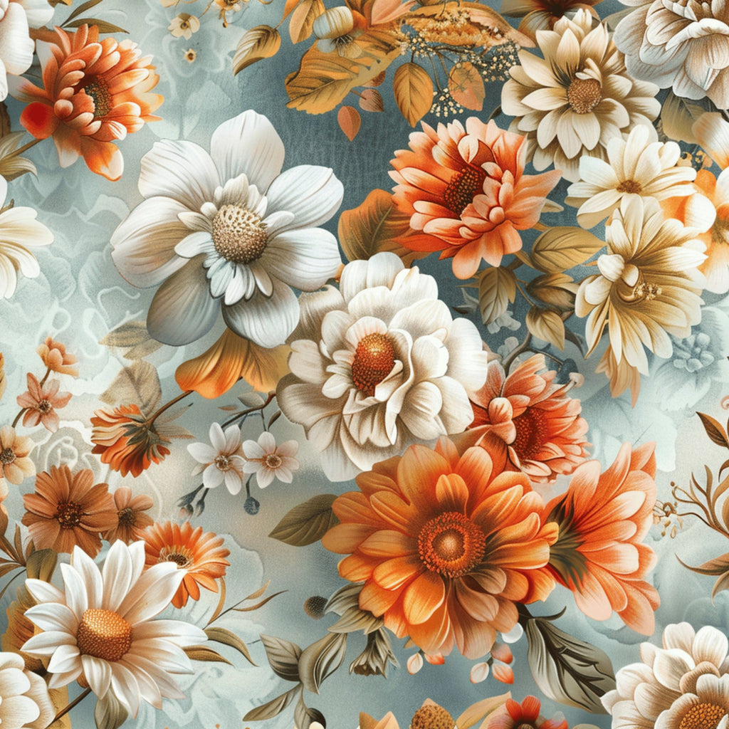realistic flowers, floral pattern, orange blooms, white flowers, cream petals, coral accents, sage green background, botanical design, layered petals, daisy-like flowers, autumn colors, warm tones,, fabric panel, detailed stamens, leaf motifs, soft pastels, vintage style, seamless repeat, nature inspired