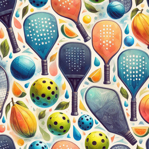 watercolor, pickleball, paddles, balls, sports equipment, teal, coral, orange, navy, yellow, green, blue, polka dots, citrus slices, leaves, athletic theme, recreational sports,, fabric panel, colorful pattern, geometric shapes, droplets, playful design
