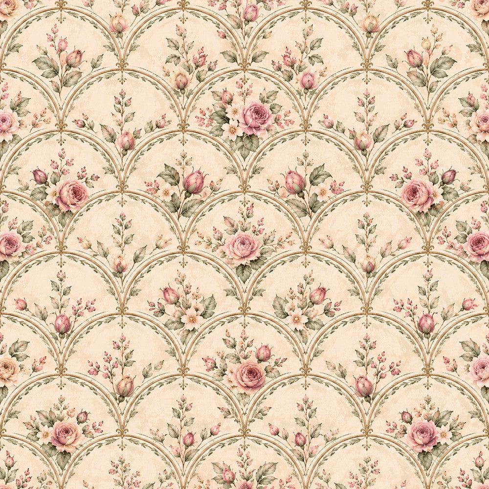 cream, blush pink, dusty rose, sage green, soft pink, vintage floral, rose garden, romantic, elegant, traditional, botanical, cottage core, shabby chic, spring, summer, roses, buds, leaves, ornamental, classical, damask-inspired, scalloped, layered pattern, nature-inspired, timeless, delicate florals, baby girl, nursery, feminine, pastel