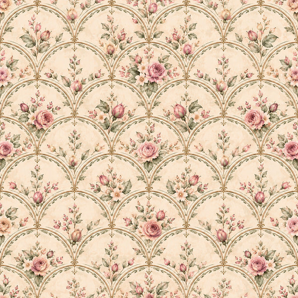 cream, blush pink, dusty rose, sage green, soft pink, vintage floral, rose garden, romantic, elegant, traditional, botanical, cottage core, shabby chic, spring, summer, roses, buds, leaves, ornamental, classical, damask-inspired, scalloped, layered pattern, nature-inspired, timeless, delicate florals, baby girl, nursery, feminine, pastel