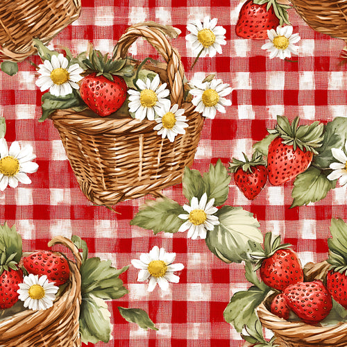 red and white, gingham pattern, checkered background, strawberries, wicker baskets, white daisies, yellow centers, green leaves, picnic theme, summer motif,, fabric panel, realistic illustration, country style, fresh fruit, floral elements, pastoral scene, kitchen theme, cottage core aesthetic