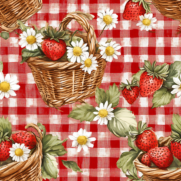 red and white, gingham pattern, checkered background, strawberries, wicker baskets, white daisies, yellow centers, green leaves, picnic theme, summer motif,, fabric panel, realistic illustration, country style, fresh fruit, floral elements, pastoral scene, kitchen theme, cottage core aesthetic