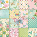 spring patchwork,, fabric panel, pastel colors, mint green, soft pink, cream yellow, sage green, floral motifs, butterfly designs, polka dots, roses, peonies, leaves, botanical elements, feminine aesthetic, shabby chic, vintage style, cottage core, soft watercolor
