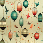 vintage birdcages, flying birds, autumn leaves, teal cages, coral cages, cream background,, fabric panel, whimsical pattern, decorative lanterns, bird motifs, fall foliage, ornate cages, nature inspired, crafting fabric, orange accents, green tones, vintage style, scattered leaves, hanging cages