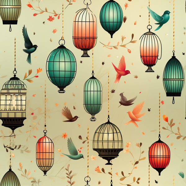 vintage birdcages, flying birds, autumn leaves, teal cages, coral cages, cream background,, fabric panel, whimsical pattern, decorative lanterns, bird motifs, fall foliage, ornate cages, nature inspired, crafting fabric, orange accents, green tones, vintage style, scattered leaves, hanging cages