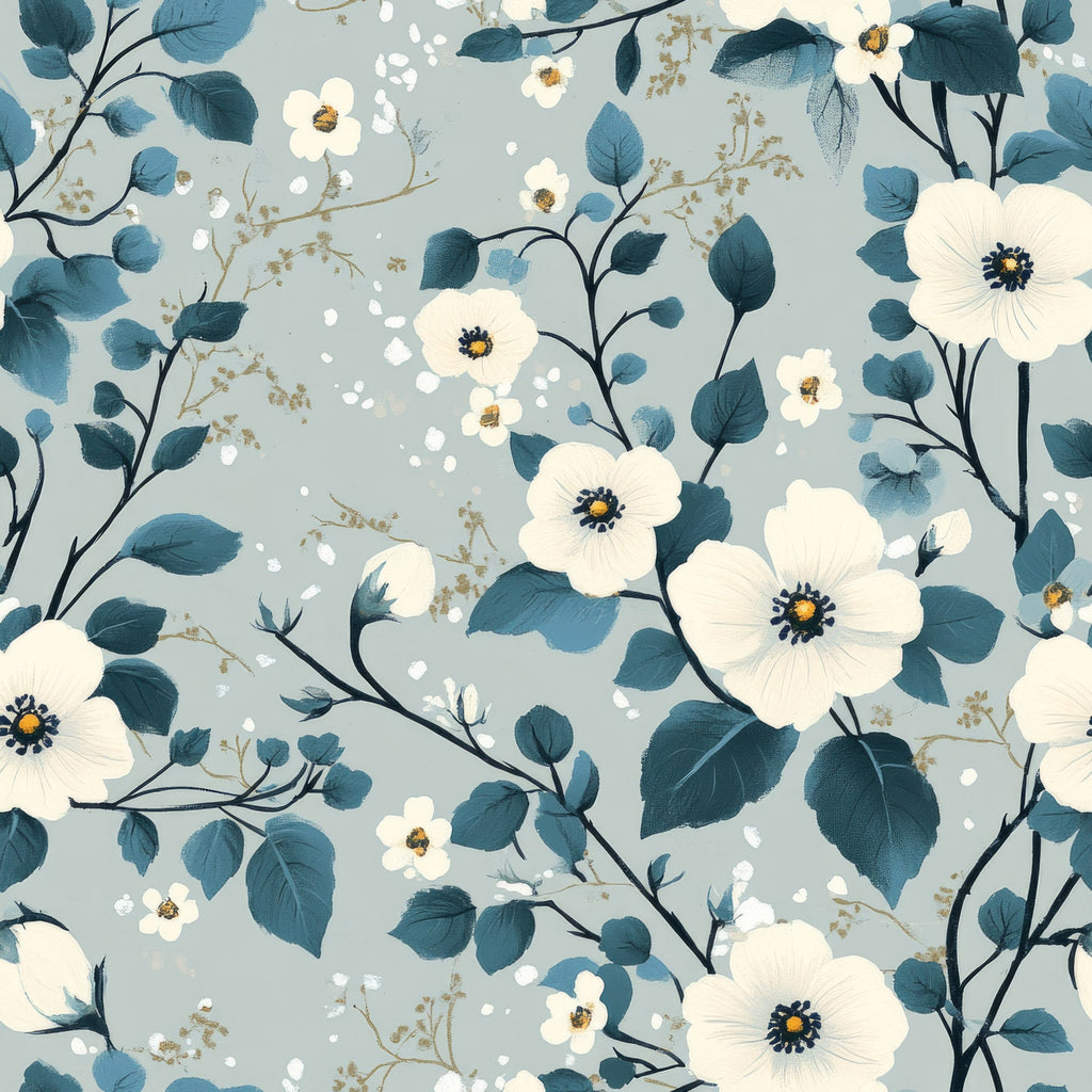 cornflower blue, cream white, soft gray, floral pattern, botanical design, delicate flowers, blue leaves, branching stems, watercolor style, gentle mood,, fabric panel, spring blossoms, nature motifs, scattered petals, organic flow, pastel tones, garden flowers, feminine design, soft texture