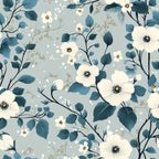 cornflower blue, cream white, soft gray, floral pattern, botanical design, delicate flowers, blue leaves, branching stems, watercolor style, gentle mood,, fabric panel, spring blossoms, nature motifs, scattered petals, organic flow, pastel tones, garden flowers, feminine design, soft texture