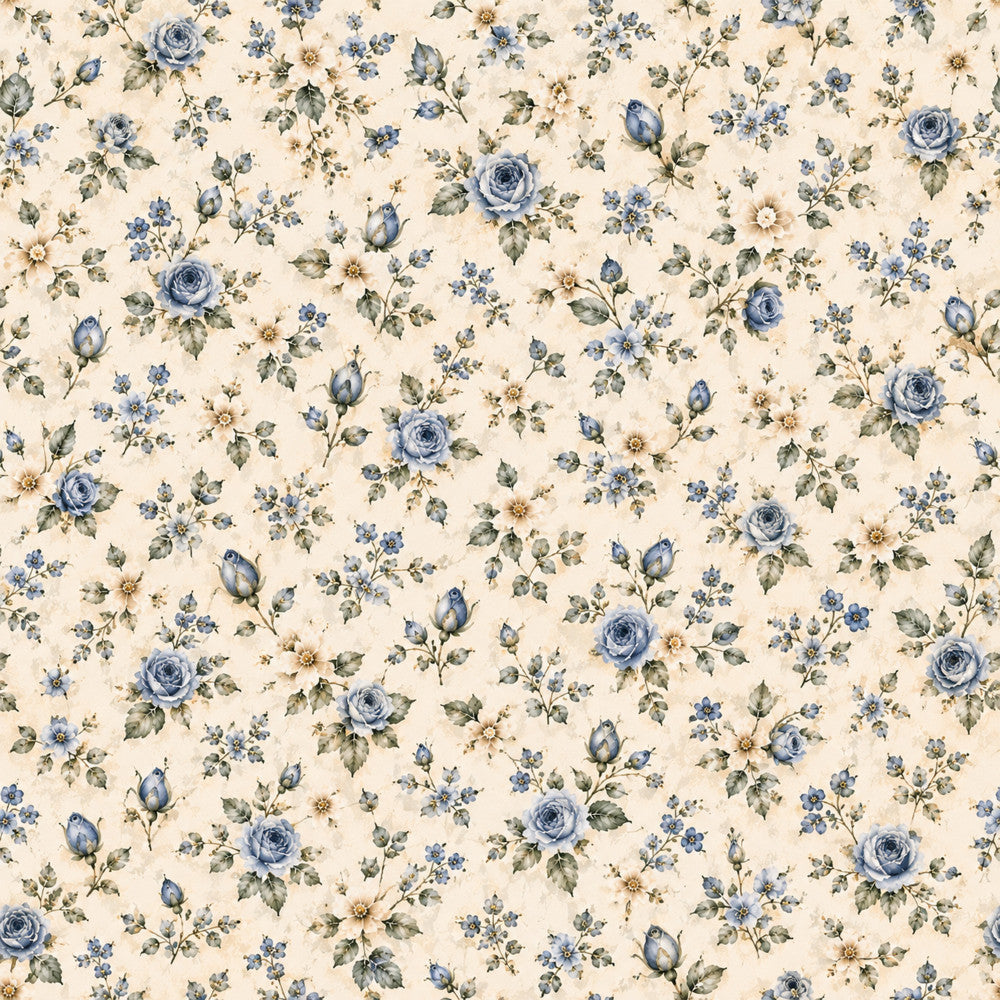 cream, blue roses, pale blue, sage green, tan, beige, floral, vintage, roses, small flowers, delicate, traditional, romantic, botanical, garden, nature, spring, summer, elegant, cottage core, farmhouse, classic, timeless, multi-floral, scattered flowers, buds, leaves, pastoral, heritage print