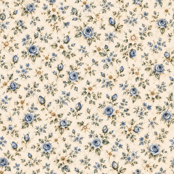 cream, blue roses, pale blue, sage green, tan, beige, floral, vintage, roses, small flowers, delicate, traditional, romantic, botanical, garden, nature, spring, summer, elegant, cottage core, farmhouse, classic, timeless, multi-floral, scattered flowers, buds, leaves, pastoral, heritage print