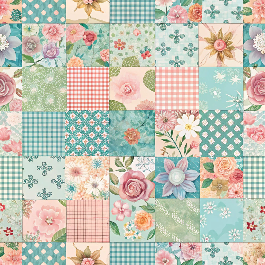 spring patchwork,, fabric panel, floral motifs, gingham checks, pastel pink, mint green, sage green, coral pink, turquoise blue, roses, daisies, botanical prints, vintage flowers, shabby chic, cottage style, patchwork squares, quilting fabric, spring garden, soft pastels