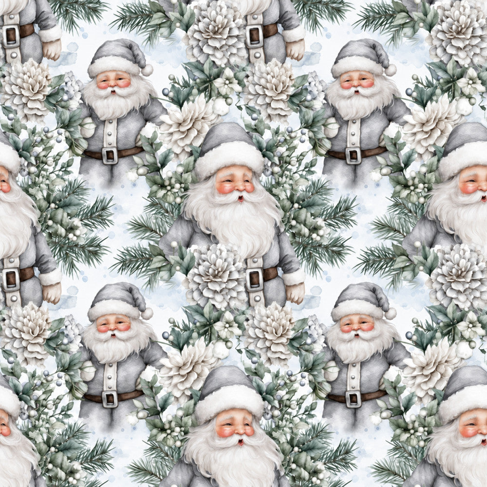 gray santa, white santa claus, soft gray, cream white, sage green, forest green, white flowers, winter florals, holiday pattern, christmas design, vintage santa, traditional santa, whimsical santa, festive theme, holiday season, christmas time, winter botanical, pine branches, evergreen foliage, white dahlia, succulent plants, rosy cheeks, jolly santa, nostalgic design, children's holiday, kids christmas, nursery decor, playroom theme, christmas gift, seasonal pattern