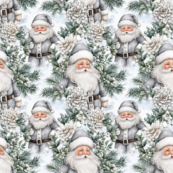 gray santa, white santa claus, soft gray, cream white, sage green, forest green, white flowers, winter florals, holiday pattern, christmas design, vintage santa, traditional santa, whimsical santa, festive theme, holiday season, christmas time, winter botanical, pine branches, evergreen foliage, white dahlia, succulent plants, rosy cheeks, jolly santa, nostalgic design, children's holiday, kids christmas, nursery decor, playroom theme, christmas gift, seasonal pattern