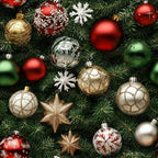 christmas ornaments, red baubles, gold decorations, green pine needles, white snowflakes, silver ornaments, star decorations, evergreen branches, holiday pattern, festive design,, fabric panel, realistic style, christmas tree, winter theme, metallic accents, spherical ornaments, decorative stars, seasonal fabric, holiday crafting