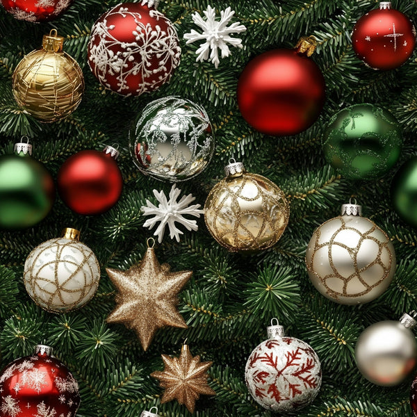 christmas ornaments, red baubles, gold decorations, green pine needles, white snowflakes, silver ornaments, star decorations, evergreen branches, holiday pattern, festive design,, fabric panel, realistic style, christmas tree, winter theme, metallic accents, spherical ornaments, decorative stars, seasonal fabric, holiday crafting