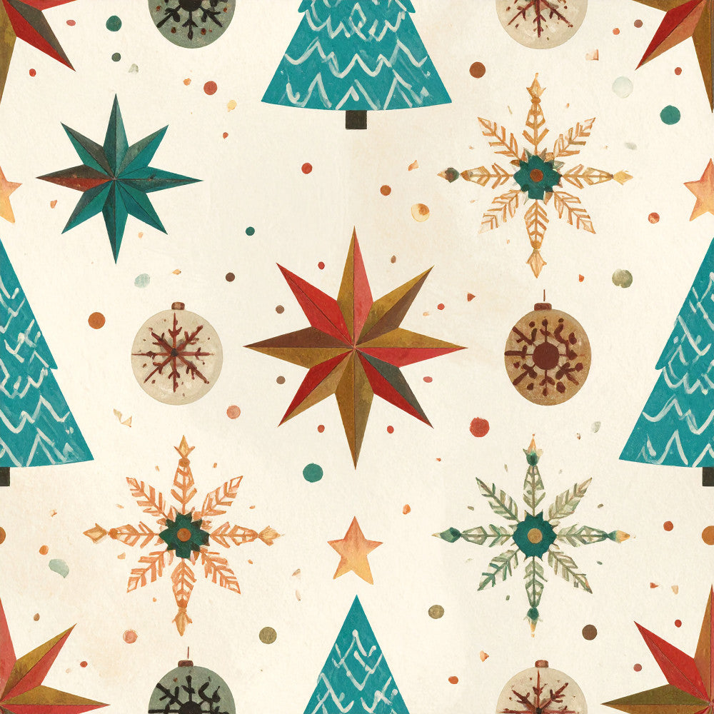 teal, forest green, rust red, gold, cream, burgundy, olive green, geometric, stars, snowflakes, christmas, holiday, winter, trees, festive, whimsical, modern, traditional, retro, vintage, celestial, ornaments, decorative stars, nursery, kids room, playroom, seasonal, festive decor