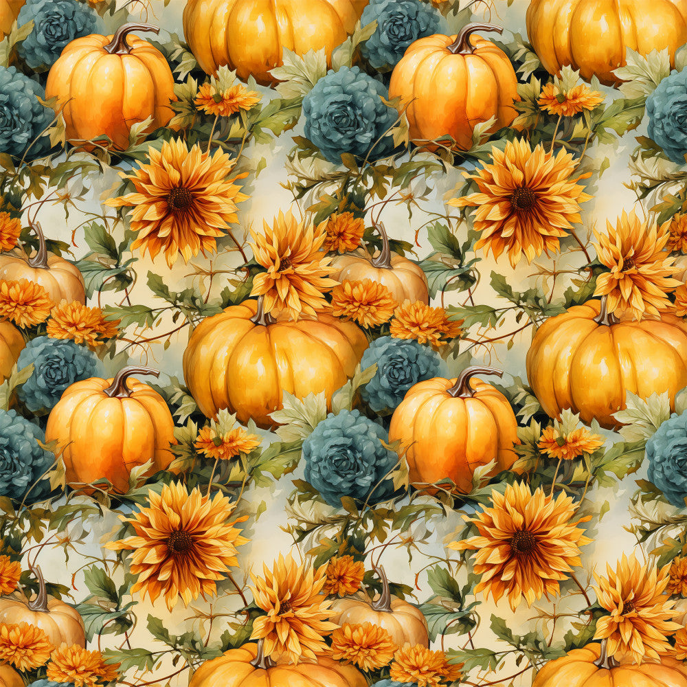autumn pumpkin, fall harvest, sunflower, teal rose, golden orange, cream background, floral pattern, botanical, farmhouse style, rustic, vintage, nature theme, harvest season, thanksgiving, seasonal decor, orange and teal, garden flowers, cottage core, traditional, warm colors, cool tones, pumpkin patch, fall foliage, multi-floral, home decor, autumn aesthetic