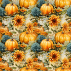 autumn pumpkin, fall harvest, sunflower, teal rose, golden orange, cream background, floral pattern, botanical, farmhouse style, rustic, vintage, nature theme, harvest season, thanksgiving, seasonal decor, orange and teal, garden flowers, cottage core, traditional, warm colors, cool tones, pumpkin patch, fall foliage, multi-floral, home decor, autumn aesthetic