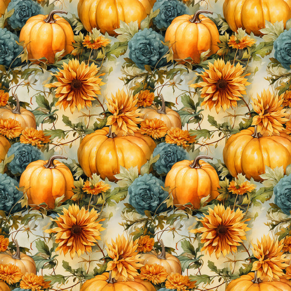 autumn pumpkin, fall harvest, sunflower, teal rose, golden orange, cream background, floral pattern, botanical, farmhouse style, rustic, vintage, nature theme, harvest season, thanksgiving, seasonal decor, orange and teal, garden flowers, cottage core, traditional, warm colors, cool tones, pumpkin patch, fall foliage, multi-floral, home decor, autumn aesthetic
