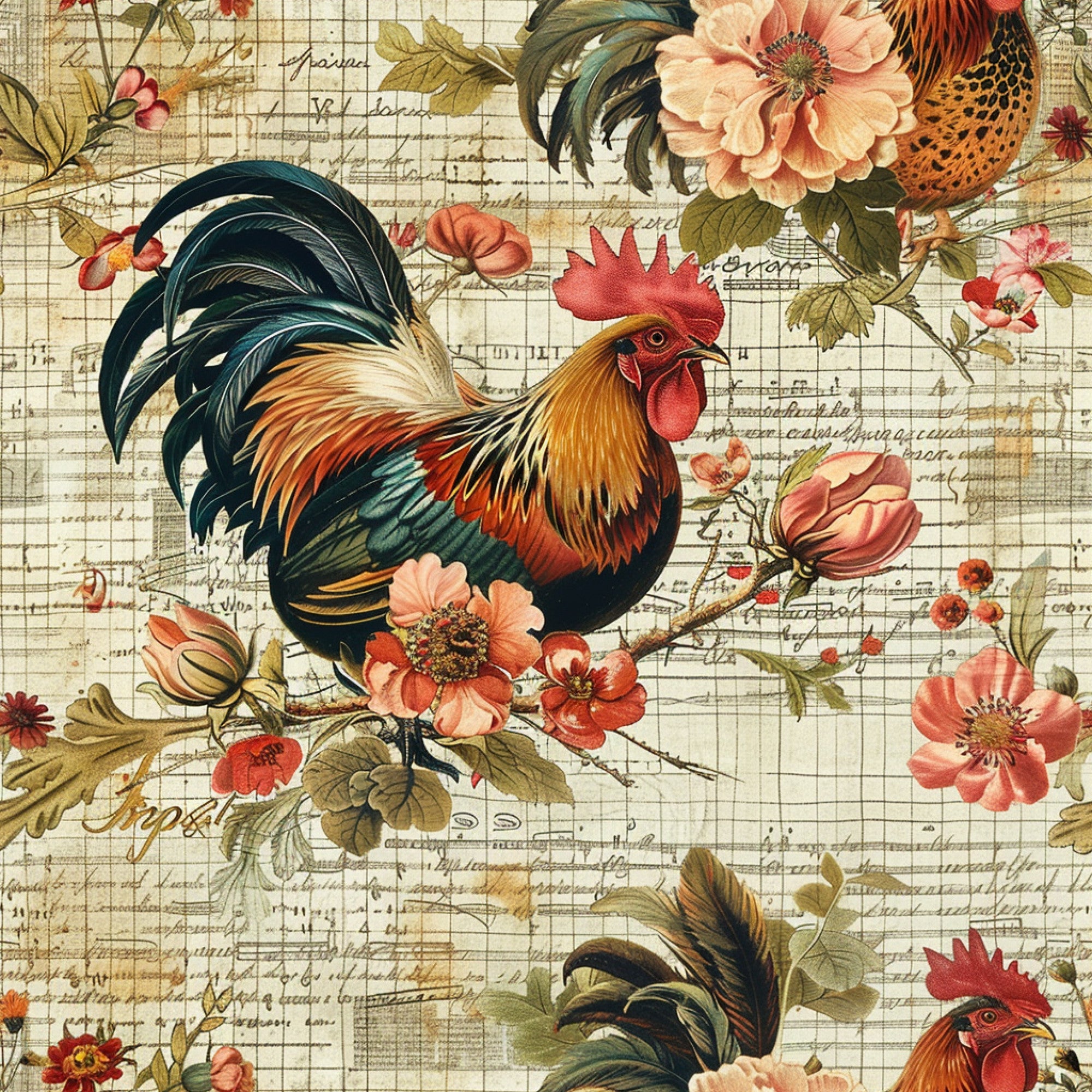 roosters, chickens, farm animals, floral motifs, vintage style, peach flowers, coral blooms, manuscript background, script text,, fabric panel, country theme, rustic design, botanical elements, green foliage, cream background, farmhouse aesthetic, decorative birds, mixed media look, antique feel