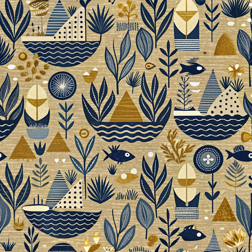 navy blue, mustard yellow, beige, cream, geometric shapes, sailboats, fish, leaves, botanical motifs, triangles, wavy lines, dots, stripes, folk art style, nautical theme, sea creatures, stylized plants,, fabric panel, whimsical design, ocean elements, modern illustration