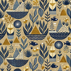 navy blue, mustard yellow, beige, cream, geometric shapes, sailboats, fish, leaves, botanical motifs, triangles, wavy lines, dots, stripes, folk art style, nautical theme, sea creatures, stylized plants,, fabric panel, whimsical design, ocean elements, modern illustration