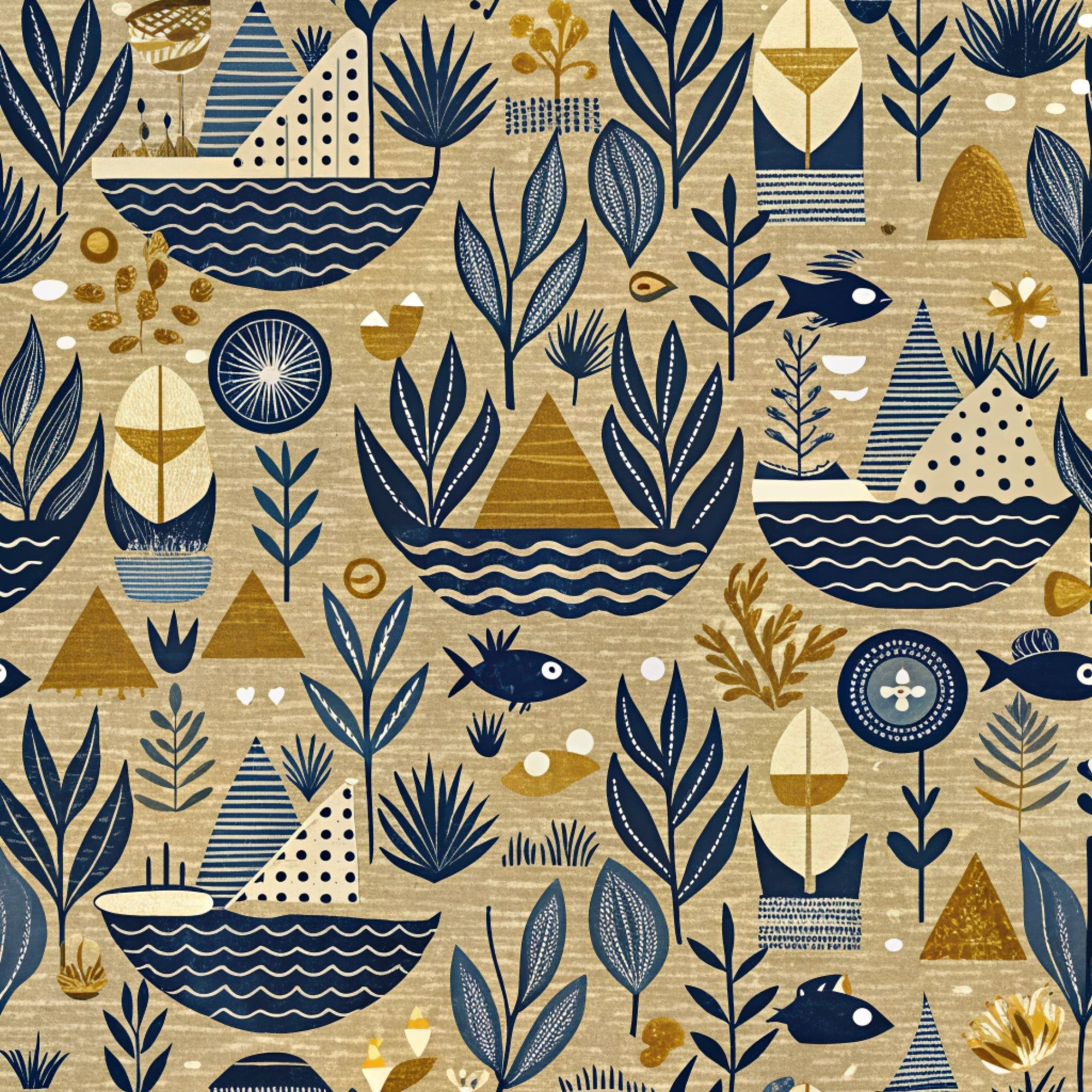 navy blue, mustard yellow, beige, cream, geometric shapes, sailboats, fish, leaves, botanical motifs, triangles, wavy lines, dots, stripes, folk art style, nautical theme, sea creatures, stylized plants,, fabric panel, whimsical design, ocean elements, modern illustration